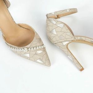 Geometric Pattern Imitation Pearl Stiletto Ankle Strap Stiletto Heels